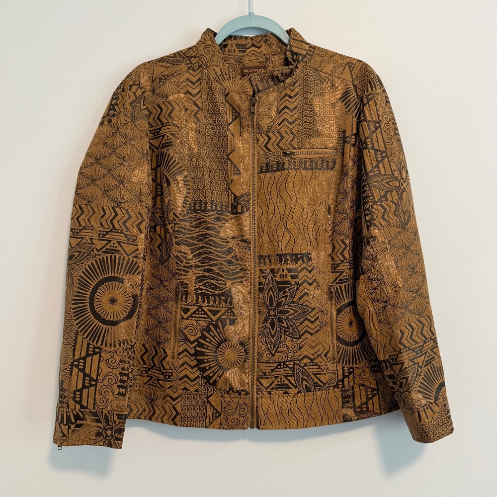 Multiples Women’s Long Sleeve Full Zip Ethnic‎ abstract print Brown Jacket Sz L